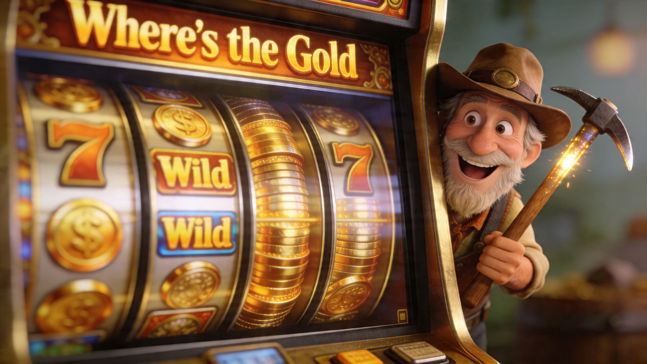 A cheerful cartoon prospector holds a pickaxe beside a slot machine labeled Where's the Gold.