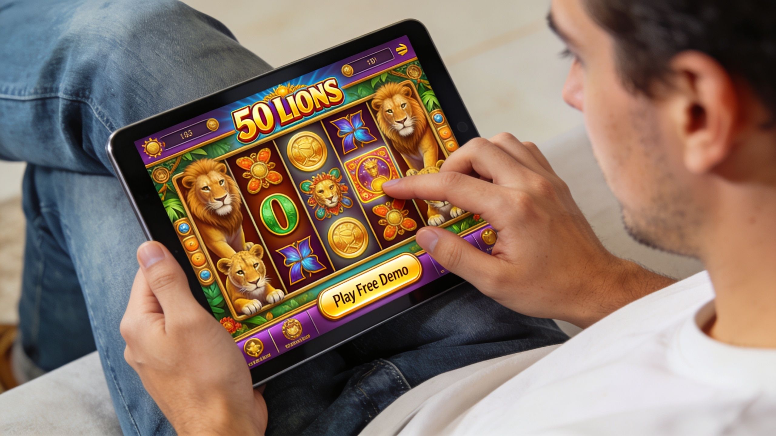 A person sitting on a couch and playing the 50 Lions slot machine game on a tablet device.