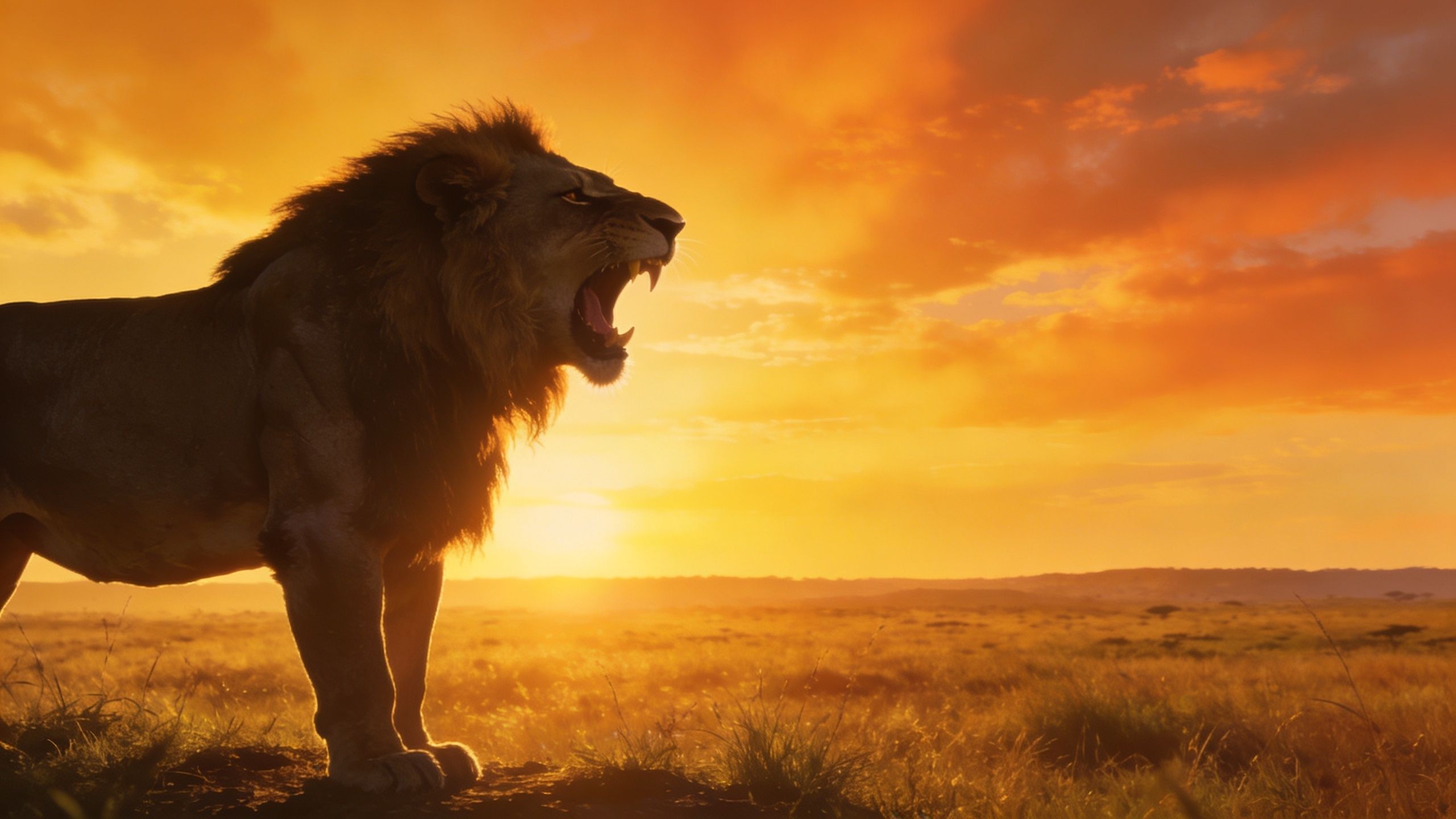 A majestic male lion with a large mane roaring on a grassy plain during a dramatic sunset
