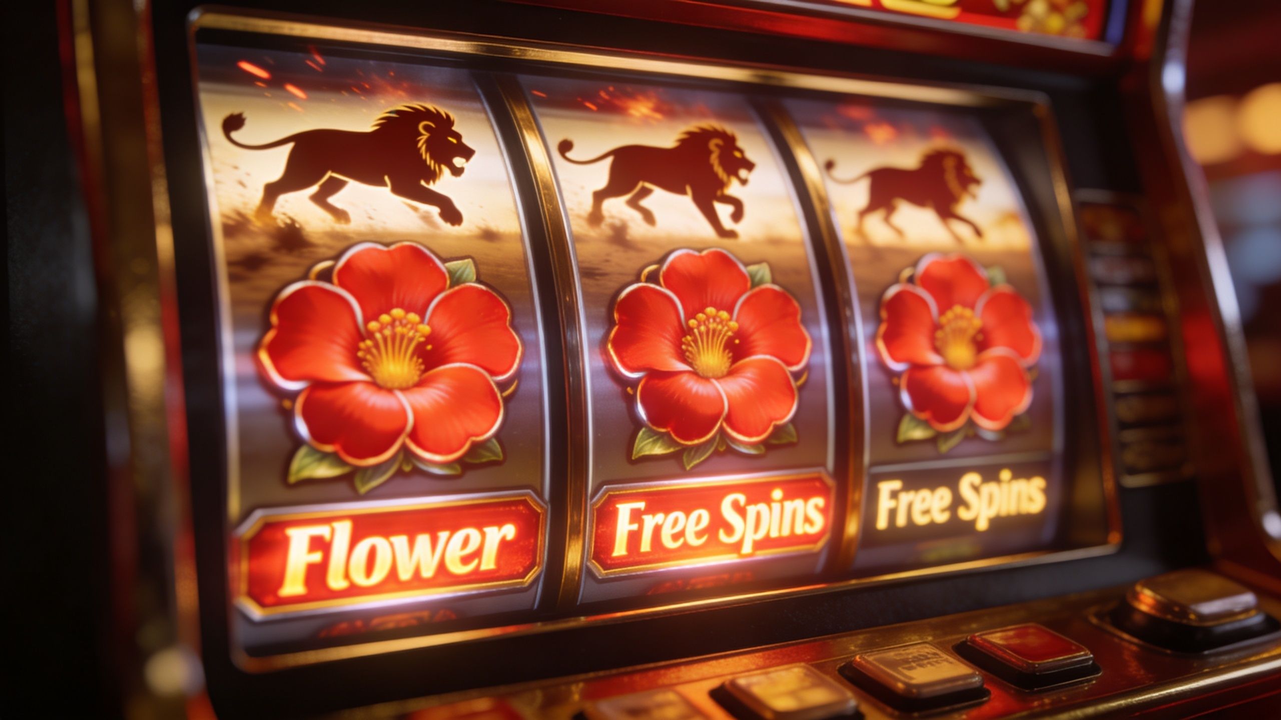 A close-up view of a slot machine screen displaying lion symbols and red flower icons with free spins.