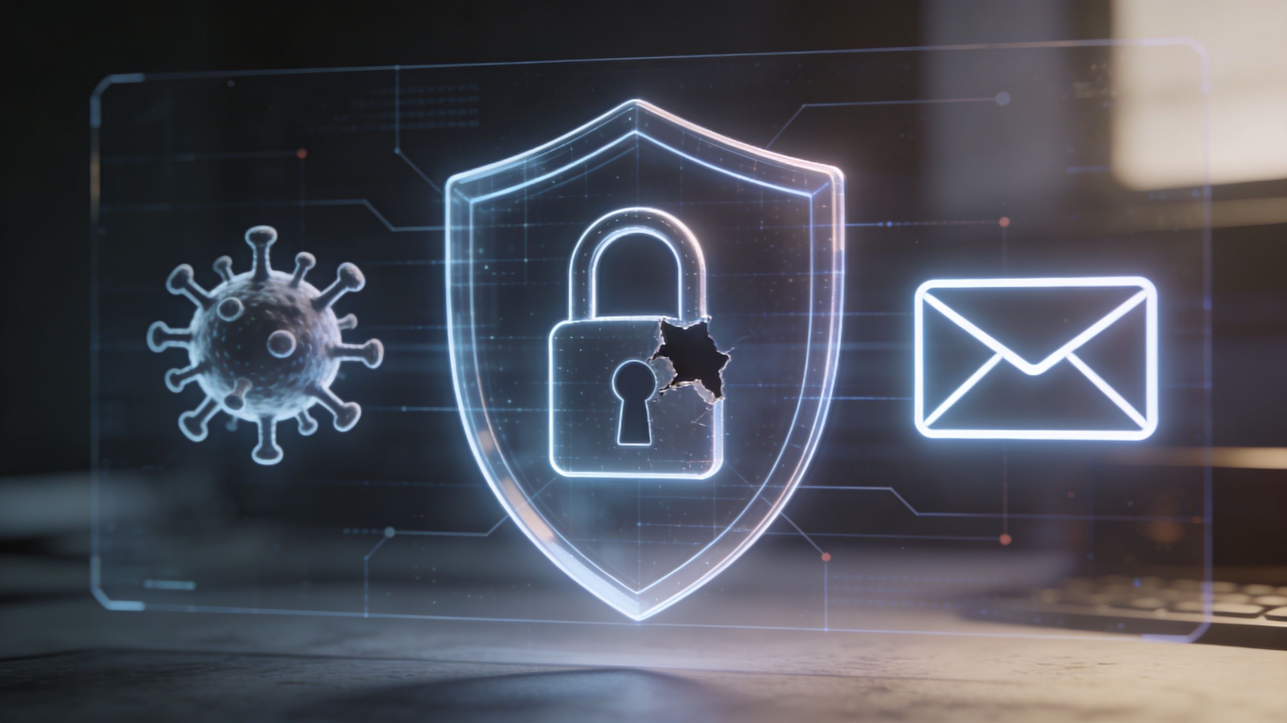 A digital holographic interface displaying a glowing shield with a broken padlock icon beside virus and email symbols.
