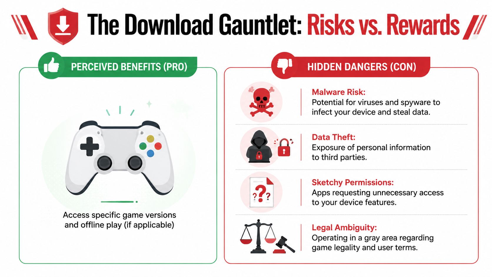 An infographic titled The Download Gauntlet comparing the pros of game downloads against risks like malware and theft.