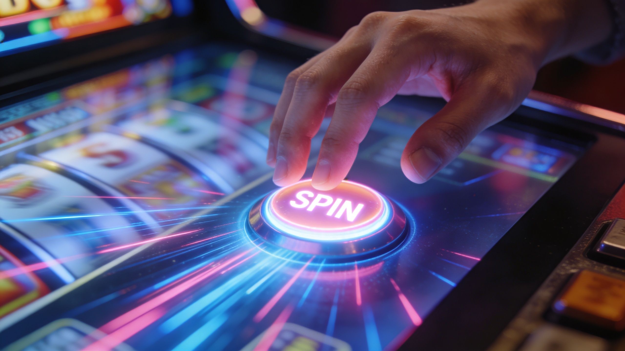 A close-up view of a human hand pressing a glowing circular spin button on a slot machine.