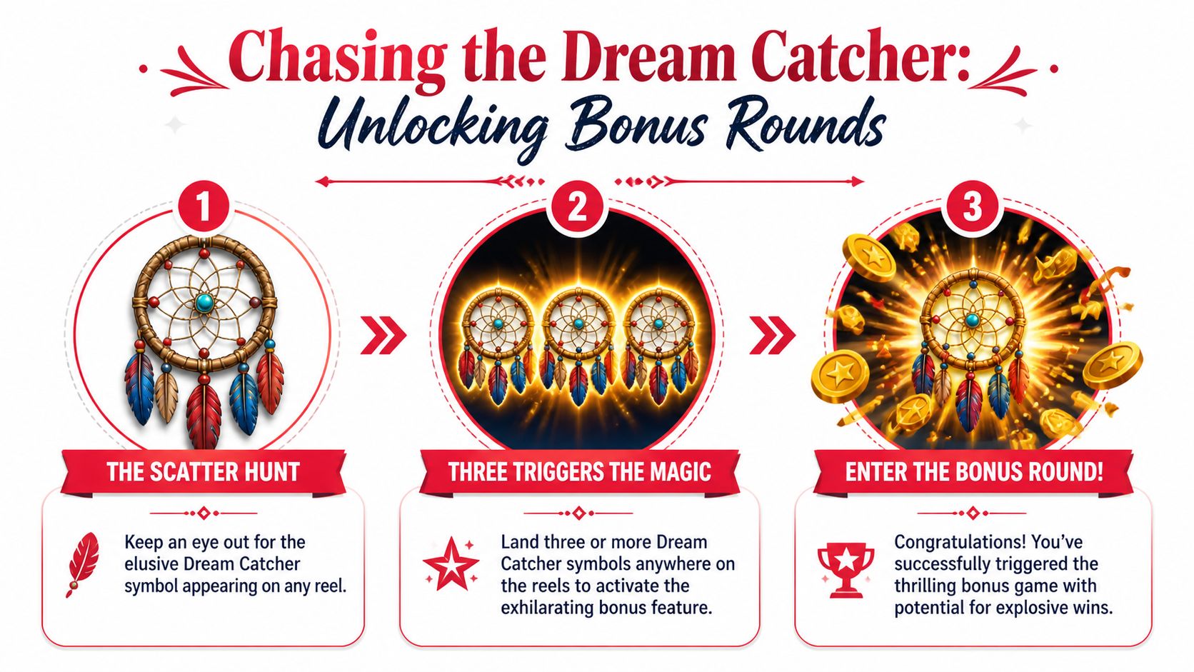 A three-step infographic explaining how to unlock the bonus round in the Indian Dreaming slots game.