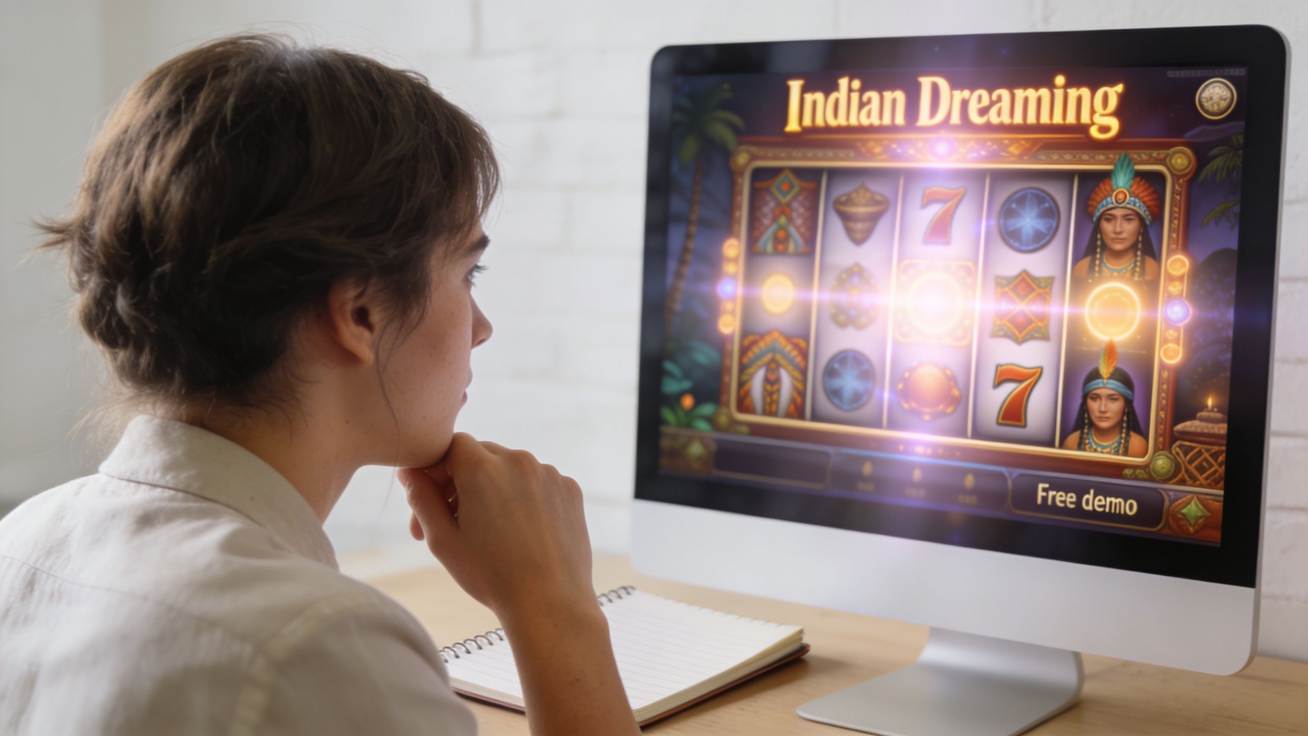 A person sitting at a desk and looking at a computer screen playing Indian Dreaming online slot game.