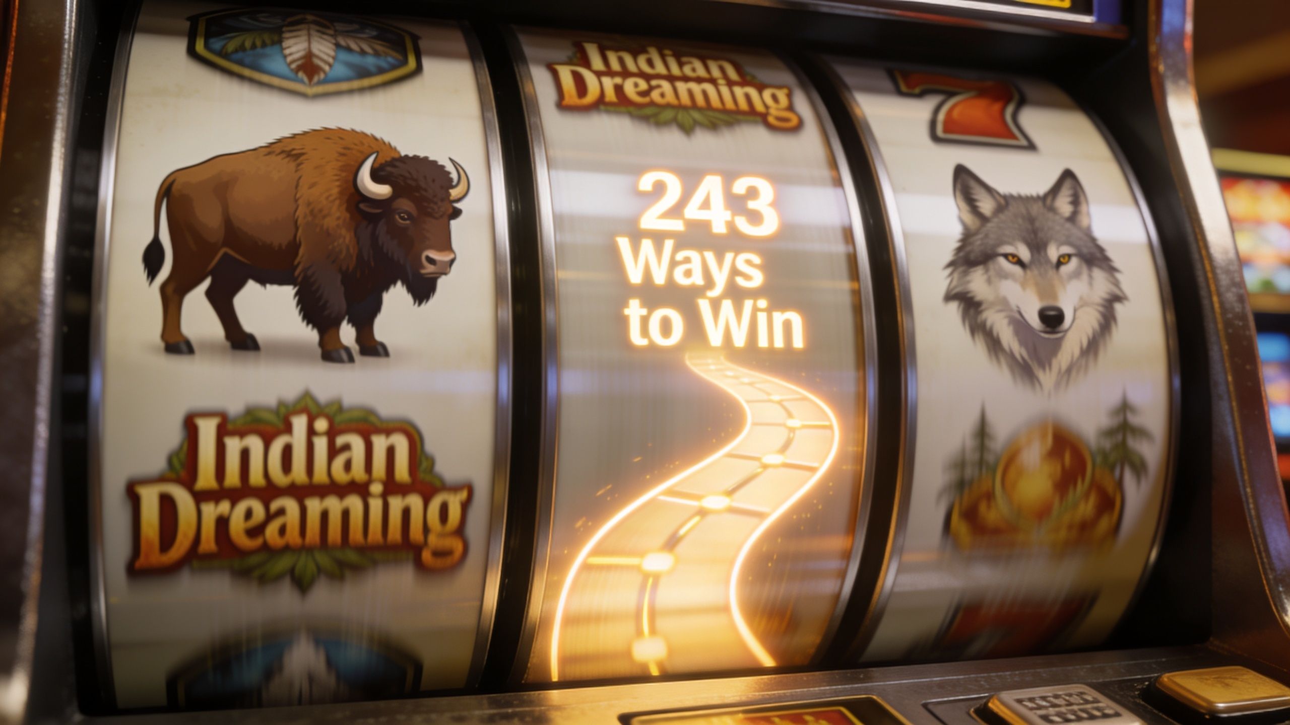 Close-up view of a digital slot machine reel featuring Indian Dreaming symbols and a wolf icon.