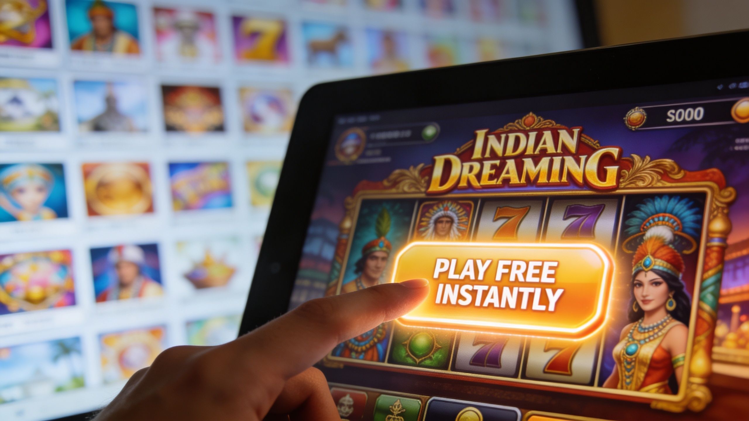 A person uses their finger to touch the play free instantly button on an Indian Dreaming slot machine.
